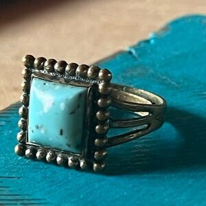 Vintage gorgeous Square Turquoise & Gold Tone Adjustable Ring Engraved